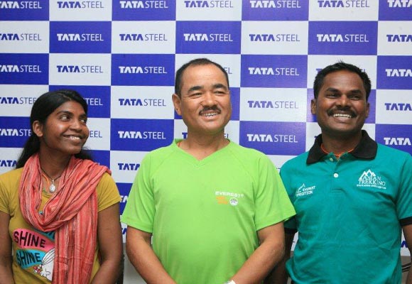 L-R, Binita, Rajendra and Meghlal celebrating the successful completion of Mt Everest expedition