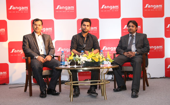 Mr. V.K Sodani, Executive Director Brand Ambassador Virat Kohli and Mr. Gaurav Chaudhary, Head of Planning and Publicity of Sangam India LTD